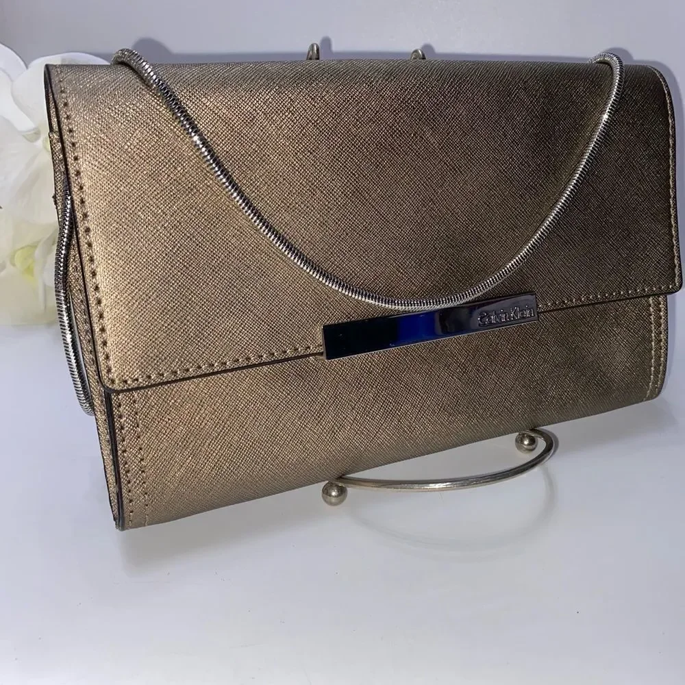 Calvin Klein Saffiano Leather Shoulder Purse Gold Small